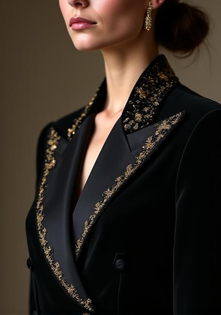 Custom gold-embossed women's tuxedo